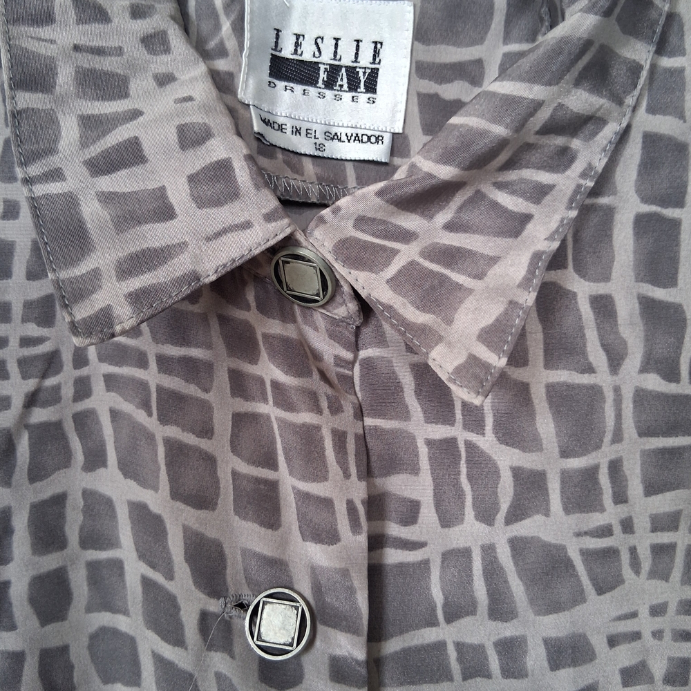 Leslie Fay Women's Gray Geometric Print Button-Down Dress